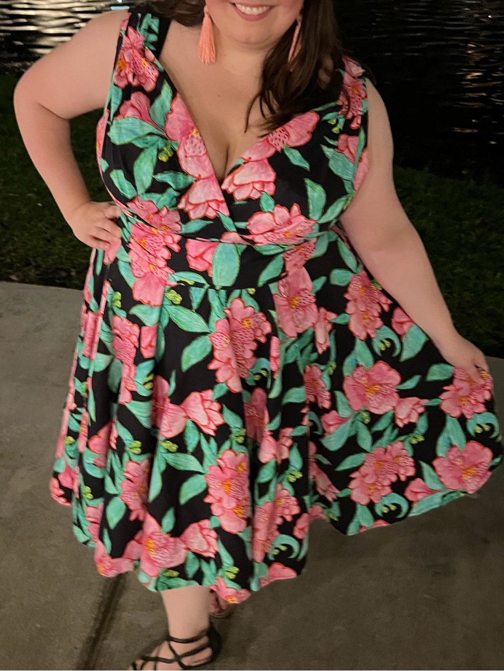 Floral V-Neck Fit & Flare Dress in Black with Pink Flowers
